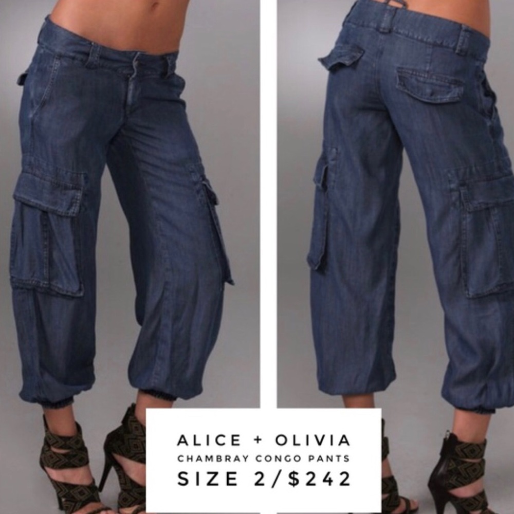 Alice + Olivia Blue Chambray Tencel Cargo Pants